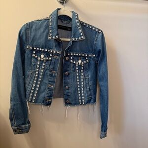 Veronica Beard Embellished Cropped Denim Jacket | Rhinestone Studded | Size XS